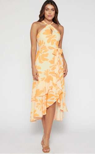 Abstract Floral Halter Dress with Waterfall Hem