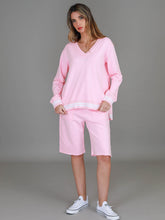3RD STORY.      Pammy Women's Oversized V-Neck Sweatshirt – Striped Rib Cotton French Terry