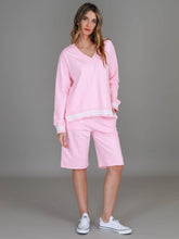 3RD STORY.      Pammy Women's Oversized V-Neck Sweatshirt – Striped Rib Cotton French Terry